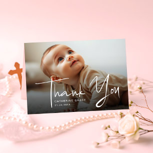 Modern White Script Baby Photo Folded Thank You Card