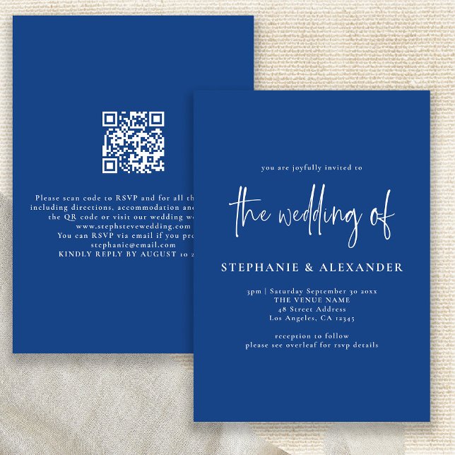 Modern White Script Blue QR Code Wedding  Invitation (Front and back view)