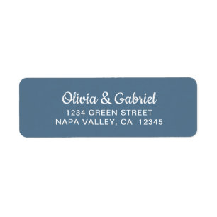 Modern white Script. Blue Wedding Return Address