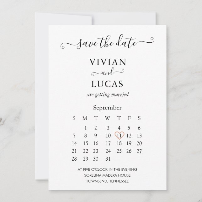 Modern White Script Calendar Save the Date Invitation (Front)