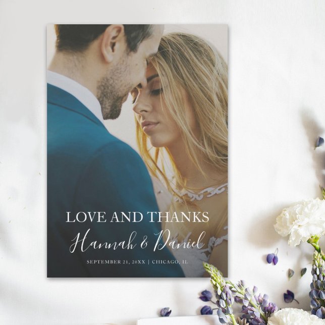 Modern White Script Full Photo Custom Wedding Thank You Card (Creator Uploaded)