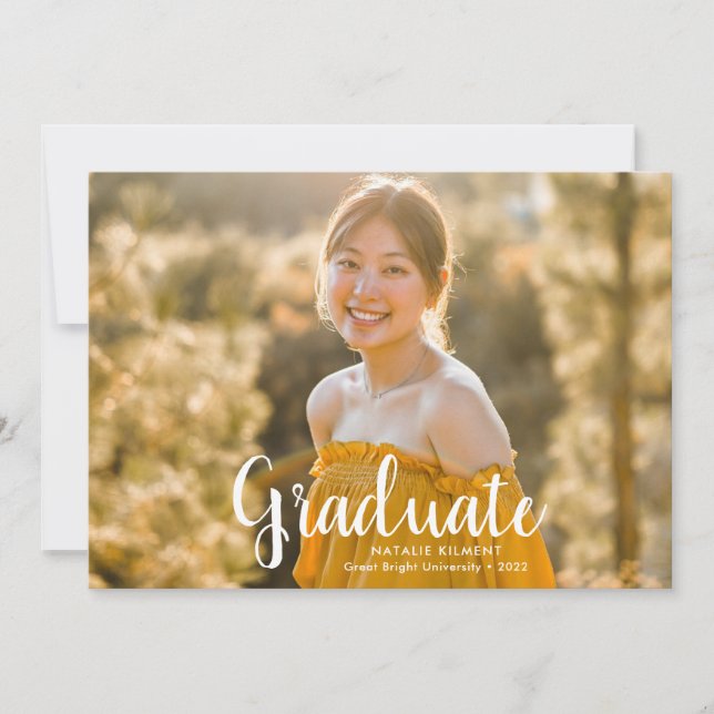 Modern White Script Graduate Photo Graduation Announcement (Front)