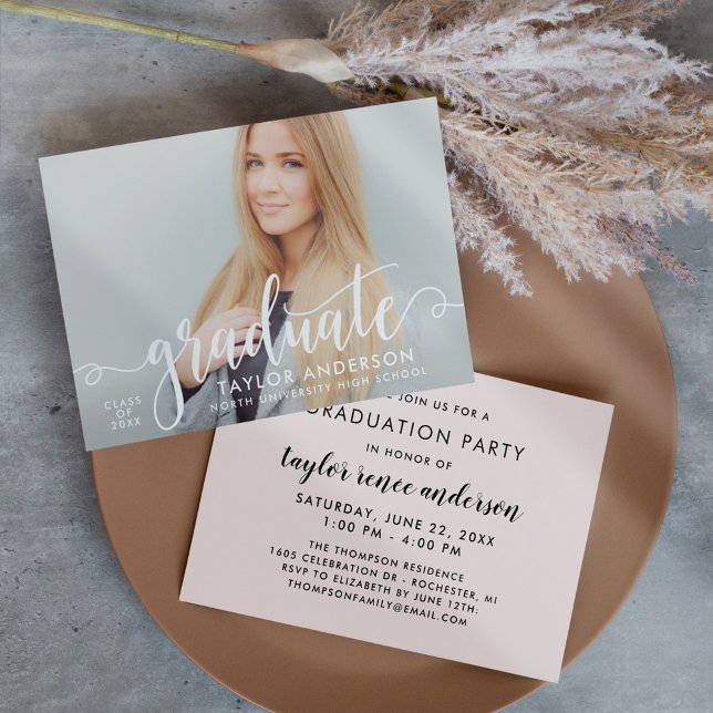 Modern White Script Graduate Photo Graduation Invitation (Creator Uploaded)