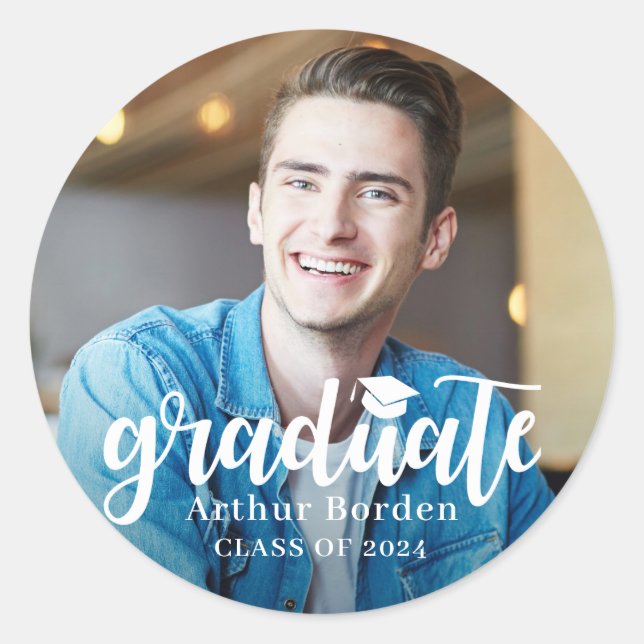 Modern White Script Graduation Photo Classic Round Sticker (Front)