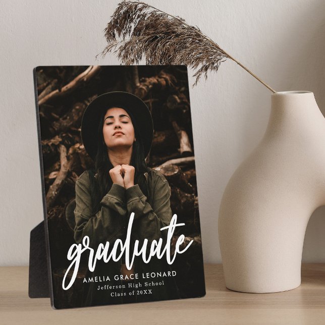 Modern White Script Graduation Photo Plaque (Creator Uploaded)