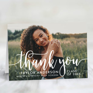 Modern White Script Graduation Photo Thank You Card