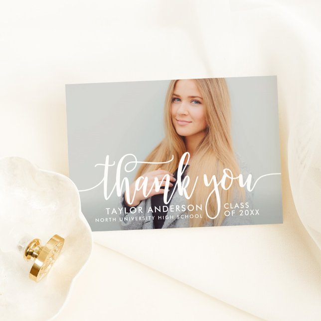 Modern White Script Graduation Photo Thank You Card (Creator Uploaded)
