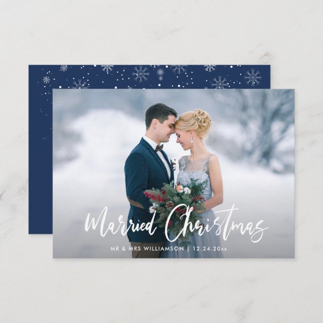 Modern White Script Holiday wedding announcement (Front/Back)