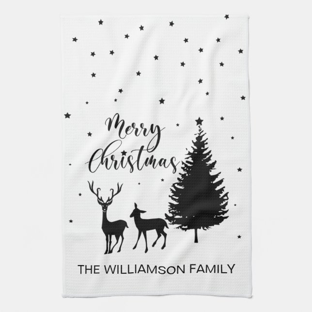 Modern White Script "Merry Christmas" and Deer Kit Tea Towel (Vertical)