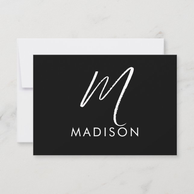 Modern White Script Monogram Initial Minimal Black Card (Front)