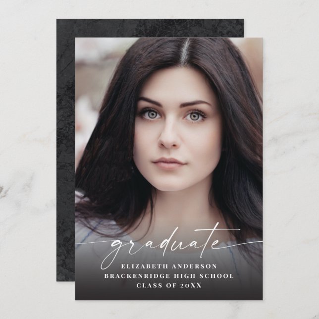Modern White Script Photo Graduation Announcement (Front/Back)