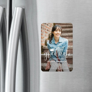 Modern White Script Photo Graduation Announcement Magnet