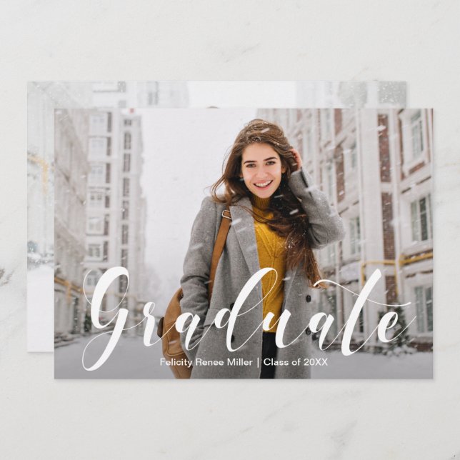 Modern White Script Photo Graduation Invitations (Front/Back)