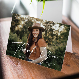 Modern White Script Photo Graduation Thank You Card