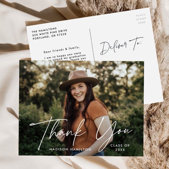 Modern White Script Photo Graduation Thank You Postcard (Creator Uploaded)
