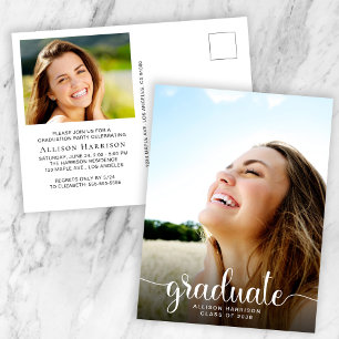 Modern White Script Photo Overlay Graduation Party Invitation Postcard