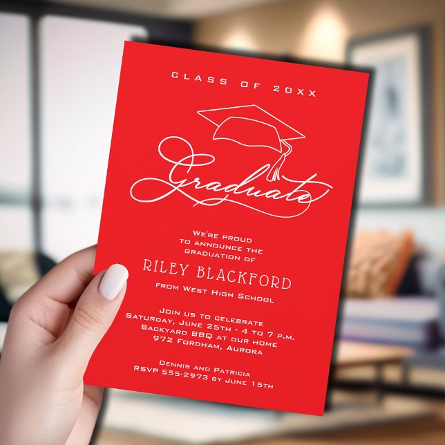 Modern White Script Red Graduation Announcement (Red graduation announcement cards feature your details in chic white lettering.)