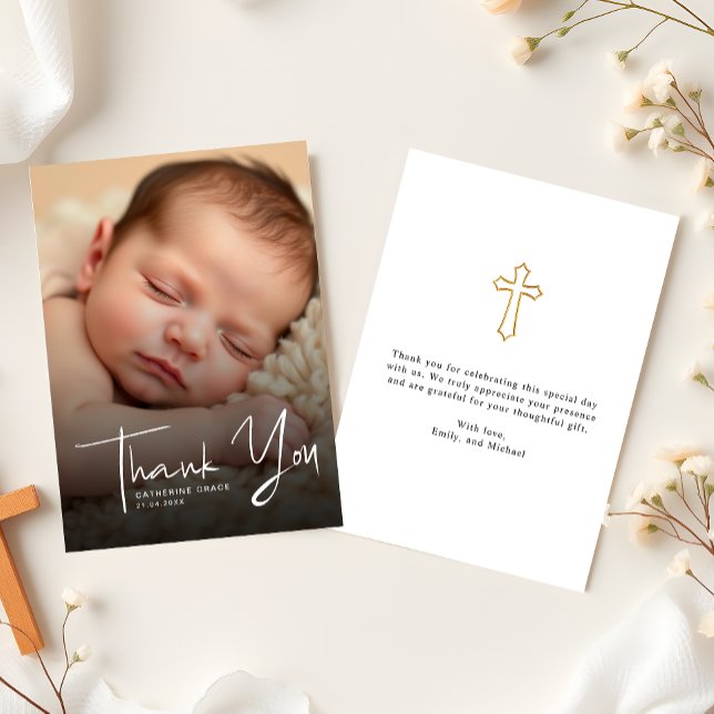 Modern White Script Religious Baby Photo Baptism Thank You Card (Creator Uploaded)