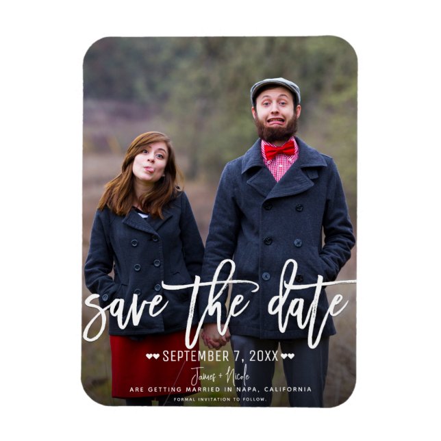 Modern White Script Save the Date Wedding Photo Magnet (Vertical)