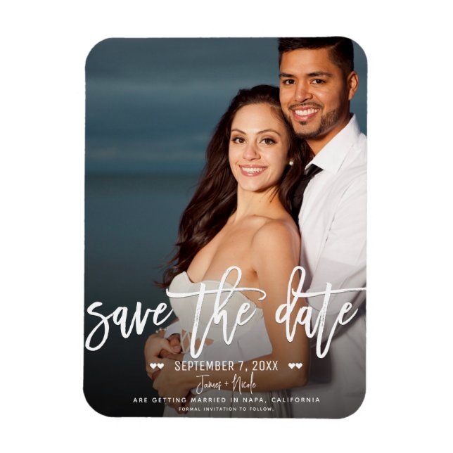 Modern White Script Save the Date Wedding Photo Magnet (Vertical)