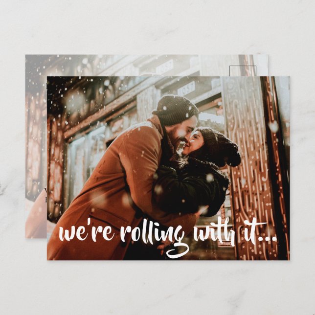 Modern White Script Wedding Photo Save the Date Announcement Postcard (Front/Back)