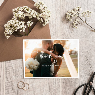 Modern White Script Wedding Photo Small Thank You Card