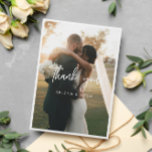 Modern White Script Wedding Photo Thank You<br><div class="desc">Double sided wedding thank you card with one side printed with a vertical photo, thank you and your names written as a white overlay in a combination of modern script and clean letters. The other side features a horizontal photo at the top of a lined thank you note card where...</div>