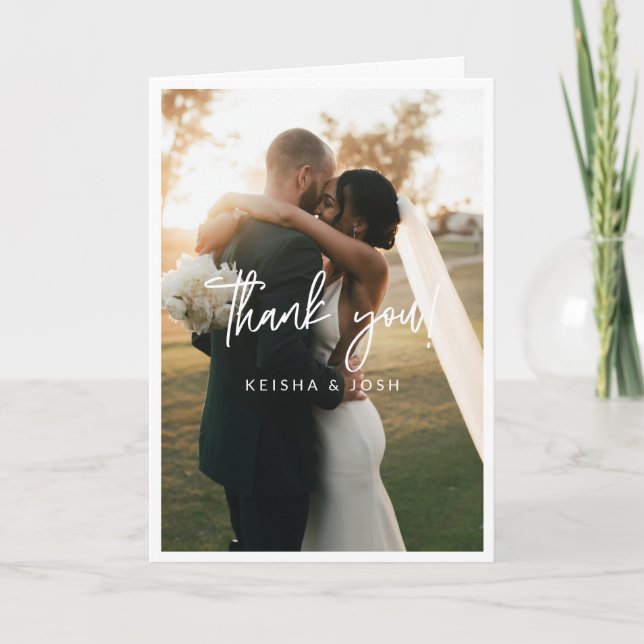 Modern White Script Wedding Photo Thank You (Front)
