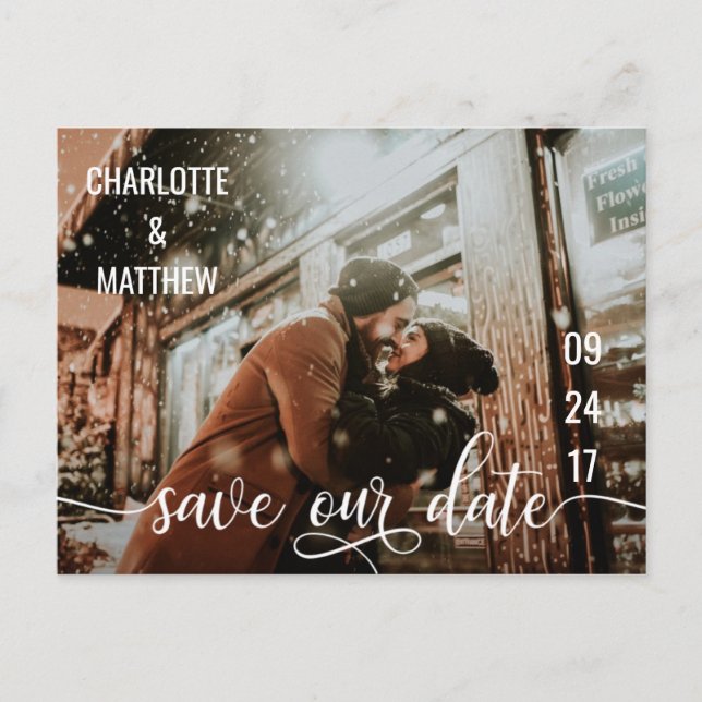 Modern White Script Wedding SAVE OUR DATE w/ PHOTO Announcement Postcard (Front)