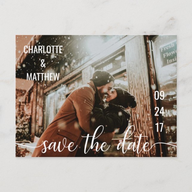 Modern White Script Wedding Save The Date w/ PHOTO Announcement Postcard (Front)