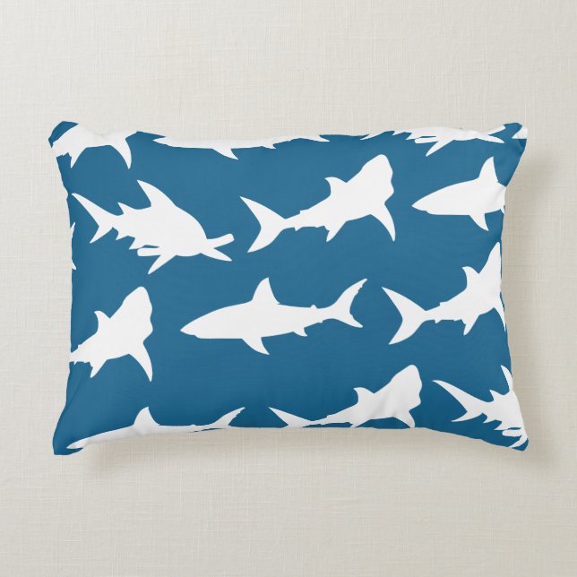 Modern White Sharks & Ocean Blue Decorative Cushion (Front)