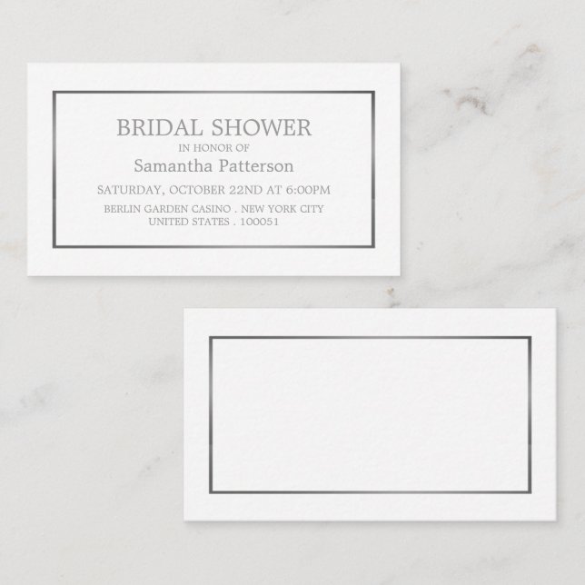 Modern White & Silver Bridal Shower Ticket Invite (Front/Back)