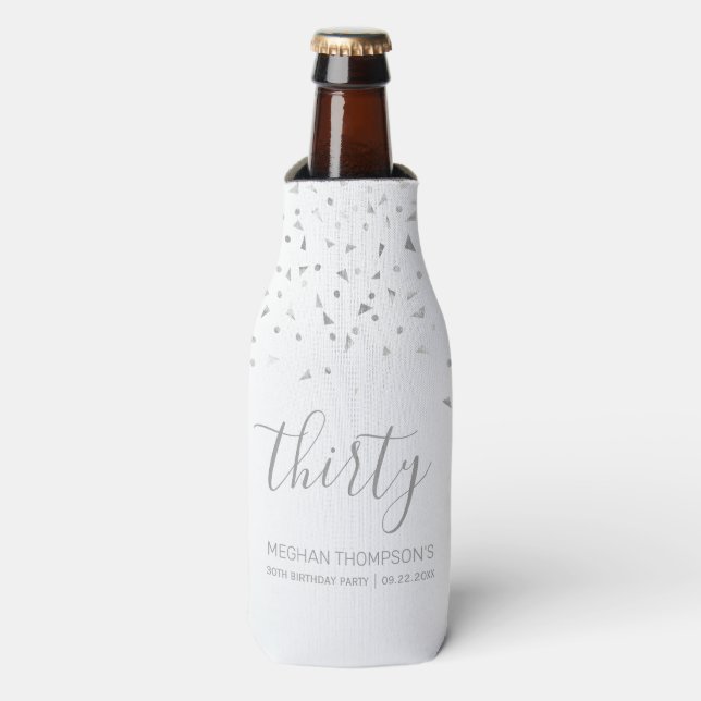 Modern White Silver Confetti 30th Birthday Bottle Cooler (Bottle Front)