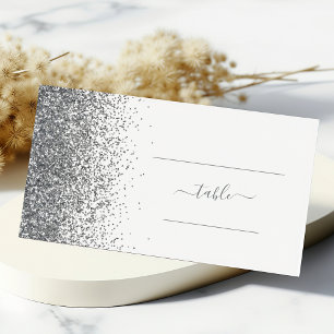 Modern White Silver Glitter Edge Wedding Place Card