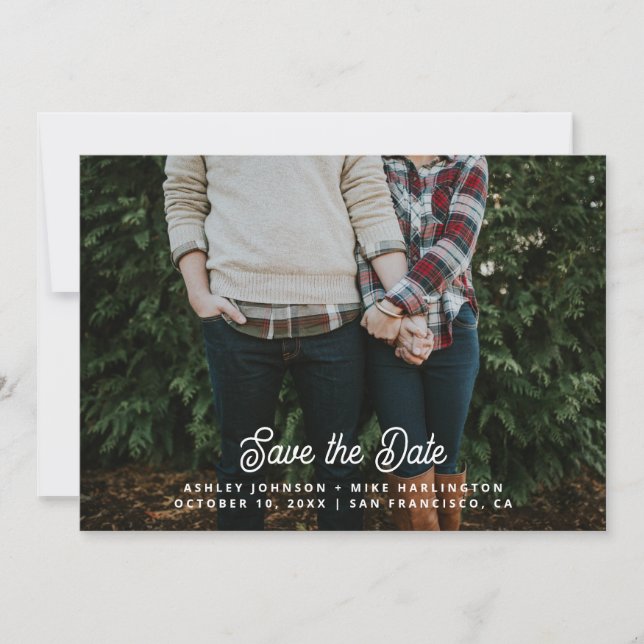 Modern white simple script typography wedding save the date (Front)