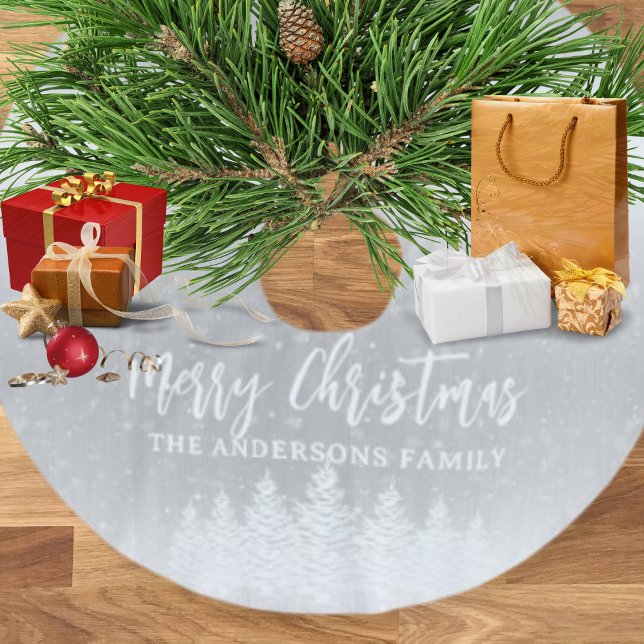 Modern White Snowy Trees Metallic Silver Christmas Brushed Polyester Tree Skirt (Creator Uploaded)
