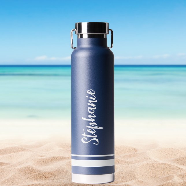 Modern White Stripes Navy Wedding Water Bottle (Stylishly Personalize with Your Custom Name.)