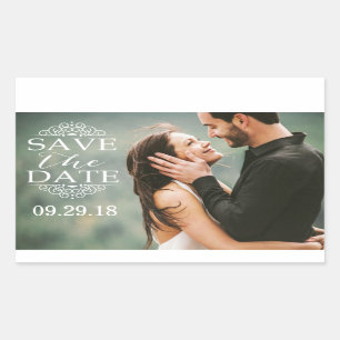 Modern White Swirls   Custom Photo Save The Date Rectangular Sticker