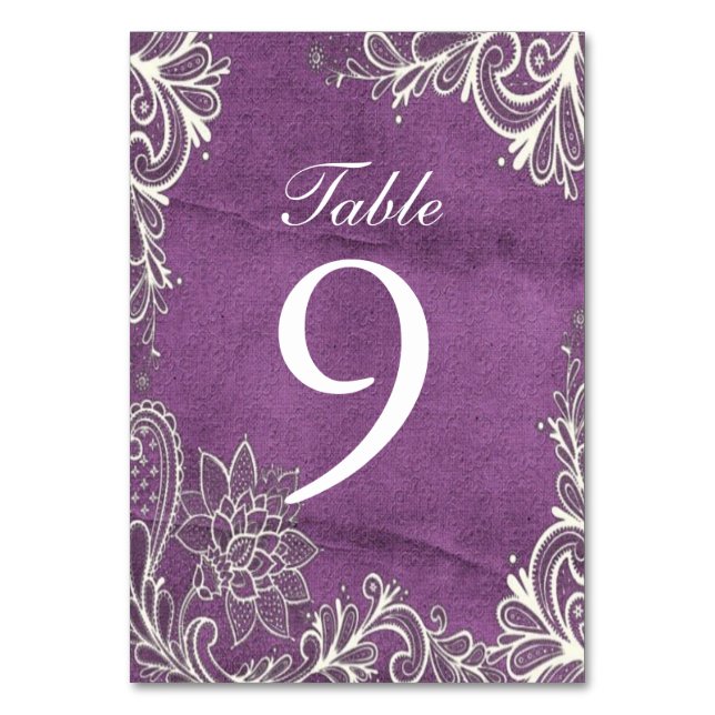 modern white swirls purple wedding table number (Front)