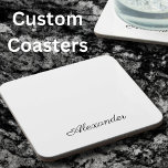 Modern White template,  Black Script Kitchen Bar Coaster<br><div class="desc">White Modern white template,  TEMPLATE for a name in  Black type kitchen coaster featuring an easy-to-personalize template,  perfect for a custom kitchen.  Part of a Matching custom kitchen decor</div>