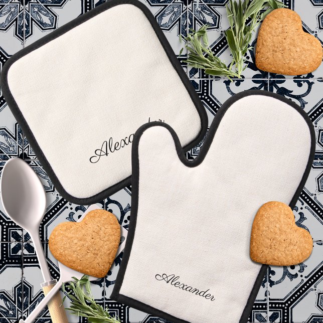 Modern White template,  Black Script Oven Mitt & Pot Holder Set (Creator Uploaded)