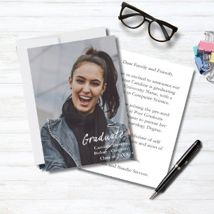 Modern White Text Overlay Graduate Photo Announcement