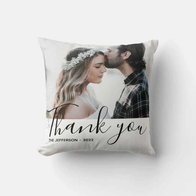 Modern White Thank You Wedding Photo Throw Pillow (Front)