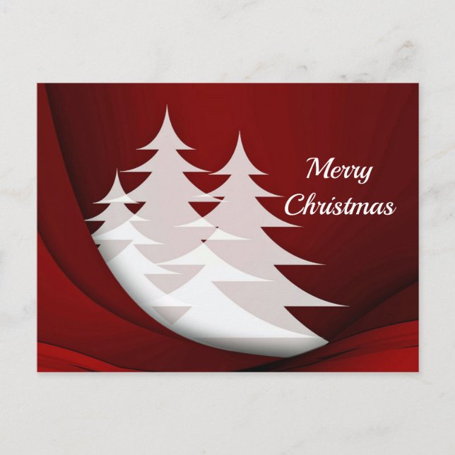 Modern White Trees Red Graphic Christmas Postcard (Front)