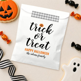 Modern White Trick or Treat Script Family Name Favour Bags