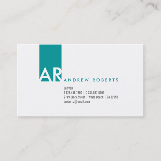 Modern White Turquoise Monogram Business Card (Front)