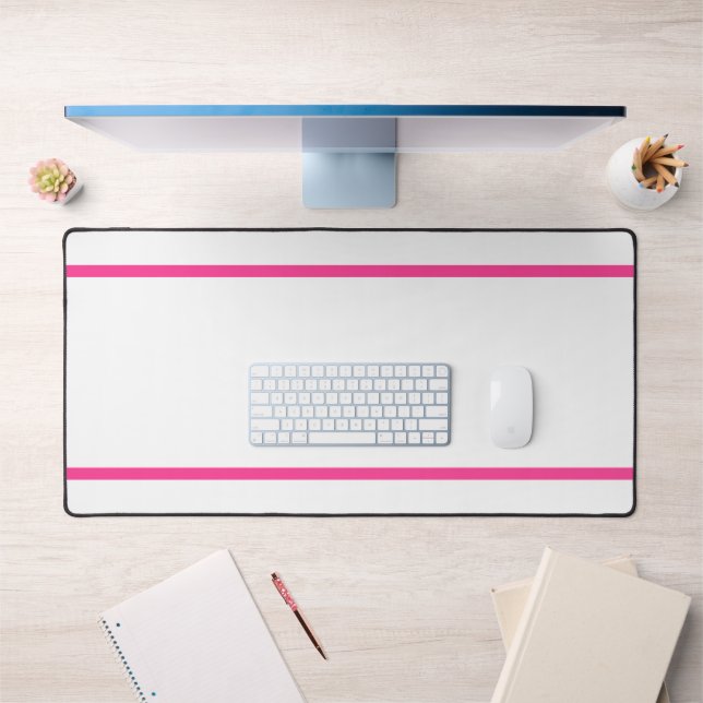 Modern White Two Slender Bright Pink Edge Stripes Desk Mat (Office 1)