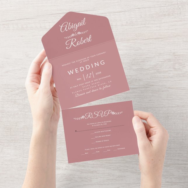 Modern white typography dusty rose pink wedding  all in one invitation (Tearaway)