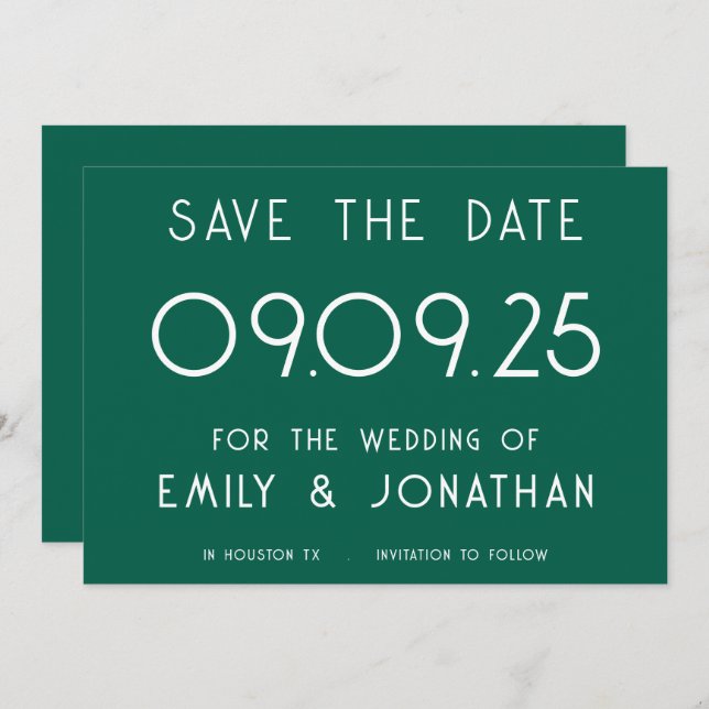 Modern White Typography Emerald Wedding Save The Date (Front/Back)