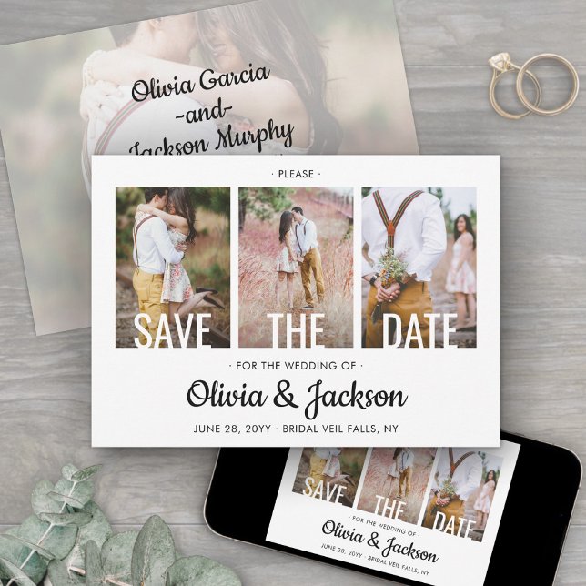 Modern White Typography Overlay Four Photo Wedding Save The Date (Creator Uploaded)